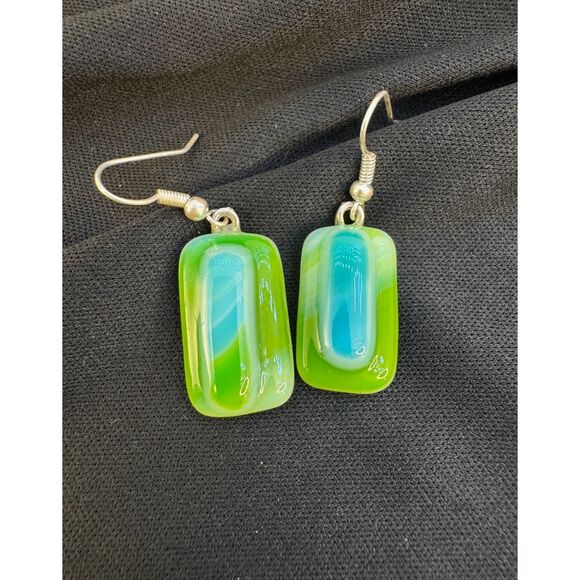 Artisan made Teal & Green Glass Dangle Earrings - Picture 1 of 5